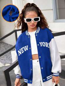 1pc Tween Girls Casual High Street Versatile Outdoor Commute Baseball Jacket, Autumn/Winter - Blue - View 3