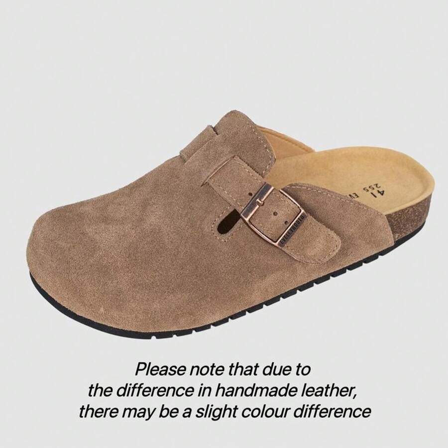 EVELLYHOOTD Women Men Genuine Suede Round Toe Cork Footbed Clogs Potato Shoes Slide Outdoor Gym Shoes With Arch Support Flat Clogs Retro Fashion Walking Shoes Slippers [Wide Feet PLS SIZE UP ] - 駱駝 - 查看 1