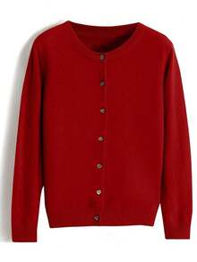 Cárdigan De Punto De Mujer, Cárdigan De Unicolor Con  Botón Delantero De Dama, Cárdigan De Punto Con Cuello  Redondo Para Mujer - Rojo - Ver 9