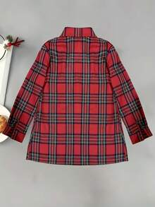 Women's Elegant Red & Black Plaid Shirt - Long Sleeve Pointed Collar Top, Classic Checkered Pattern - Red - View 5
