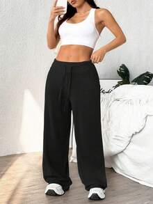 大码女式纯色抽绳腰阔腿宽松休闲裤，高弹顺滑面料，舒适时尚，适合日常通勤和秋冬季穿着。 - 黑色 - 查看 6