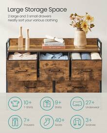 Chest Of Drawers For Bedroom, 5 Fabric Drawers With Handles, Storage Organiser Unit, For Living Room, Hallway, Steel Frame, Rustic Brown And Ink Black - Brown - View 2