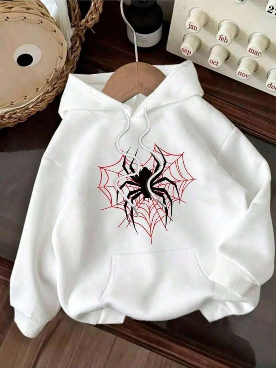 Hoodie Blanca para Mujer con Impactante Estampado de Araña Negra y raña Roja Estilo Urbano-Gótico con Toques de Misterio y Elegancia Rebelde Perfecta para Looks Modernos y Audaces Durante la Temporada Otoño-Invierno - Blanco - Ver 1