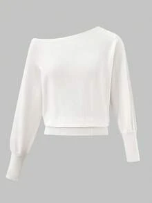 女士休闲优雅纯色露肩蝙蝠长袖常规套头衫针织露肩套头衫短款上衣可爱毛衣，春夏秋季返校 - 米色 - 查看 8