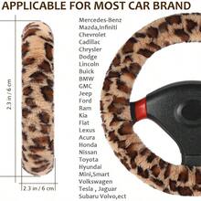 Accmor Fuzzy Car Steering Wheel Cover Universal Fit Fur Auto Wheel Cover And Handbrake Cover And Gear Shift Cover Set Leopard Winter Warm Fluffy Vehicle Wheel Protector Car Accessories For Men Women - 棕色/深棕色豹紋 - 查看 2
