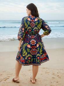 Plus Size Boho Print V Neck Midi Dress With Three Quarter Kimono Sleeves A Line Flared Hem For Summer Vacation Spring Elegant - Royal Blue - View 3