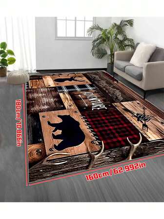 1pc Rustic Cabin Bear & Deer Area Rug - Comfortable Indoor/Outdoor Rug, Great For Kitchen, Home, Office, Laundry Room, Bathroom Decor, Holiday Home Decor, Cozy Indoor Carpet | Bear & Deer Design | Durable Polyester Rug, Bear Decor