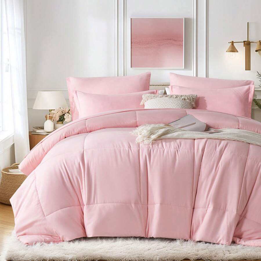 Lightweight Classical Comforter Set For Home Decor, Soft , Modern Style, All-Season, Twin(5 Pieces),Full/Queen/King(7pieces), Breathable Bed In A Bag, Housewarming Gift, Birthday Gift For Girl/Women/Men - Hồng - Xem 1