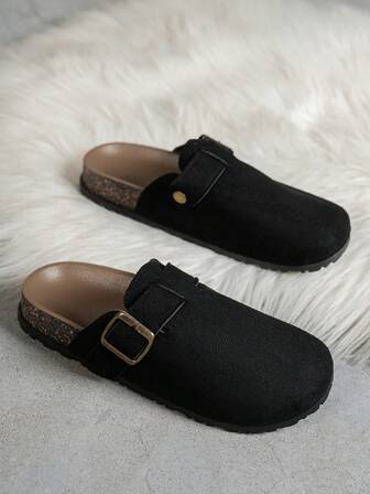 Svarta muleskor för kvinnor med justerbar fotledsrem - mjuk konstmocka och vadderad innersula (bekväma arbetsskor), bohemiskt spänne