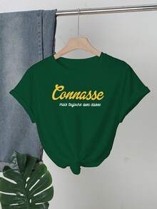 Women's Slogan Print Round Neck Short Sleeve Milk Silk Regular T-Shirt - Green - View 1