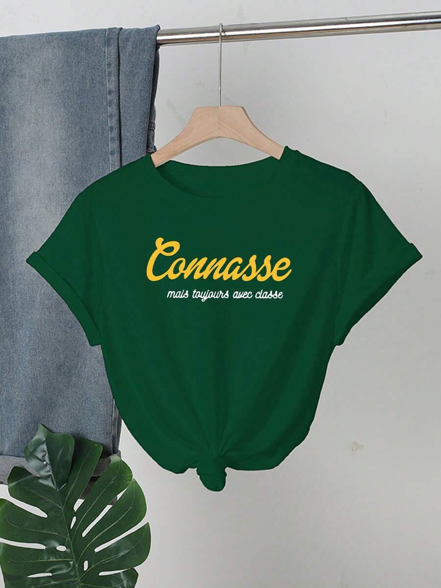 Women's Slogan Print Round Neck Short Sleeve Milk Silk Regular T-Shirt - Green - View 1