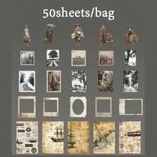 50张/袋贴纸套装，“旧时光回忆”系列，复古创意套装，剪贴簿用品，笔记本配件，装饰相框，电脑和手机壳，水杯，旧杂志，铅笔盒，桌面装饰贴纸，返校季贴纸，学习用品 - 彩色 - 查看 14