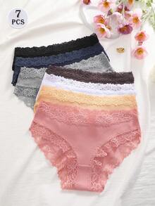 7pcs Solid Color Cotton Lace Patchwork Ribbed Sexy Romantic Comfortable Low Waist Women's Triangle Panties - Multicolor - View 3