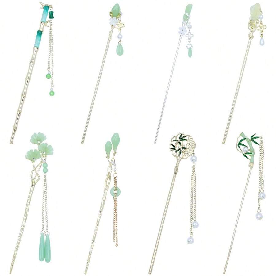 Retro Vintage Asian Chinese Traditional Hanfu Silver Metal Flower Hair Sticks With Pearl Bead Pendants Bamboo Lotus Long Hair Chopsticks Forks Bun Updo Holders Hairpins - 8 CÁI S3 - Xem 1