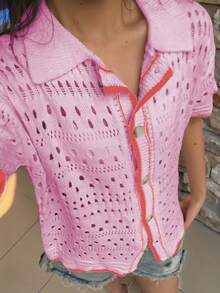 2025 Bohemian Vacation Beach Spring And Summer Loose Fashion Cardigan, Simple Casual Color Clashing Design Cardigan Brunch - Pink - View 2