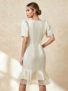 Amyenjoylife Modernes Filipiniana Kleid mit stehenden Ärmeln, rundem Ausschnitt, Patchwork-Muster, langes Kleid, formelle Kleider für Frauen, modernes Filipiniana Kleid - Champagnerfarben - Übersicht 2