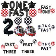 1 Set Of 16" "Speed 1/2/3" Balloons - Black & White Racing Theme Birthday Party Poster, Checkered Flag Pattern, Racing Theme Party Decor, Vintage Race Car Birthday Party, Birthday Party Supplies - Black - View 2