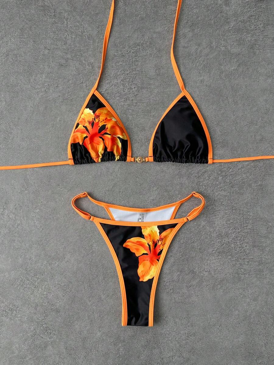 女士时尚印花挂脖比基尼套装，优雅沙滩度假泳装，夏季休闲之选 - 黃花 - 查看 1