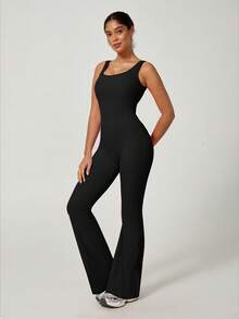 6pecil 女士喇叭形瑜伽连体裤，露背设计，舒适弹力面料，适合瑜伽、健身和跑步 - 黑色 - 查看 8