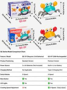 升级版爬行螃蟹玩具——外观逼真，可水平行走！这款智能螃蟹能够自动避开障碍物，并配备2个LED眼睛。内置动态音乐和音效，可一键关闭。升级版还可调节行驶速度。