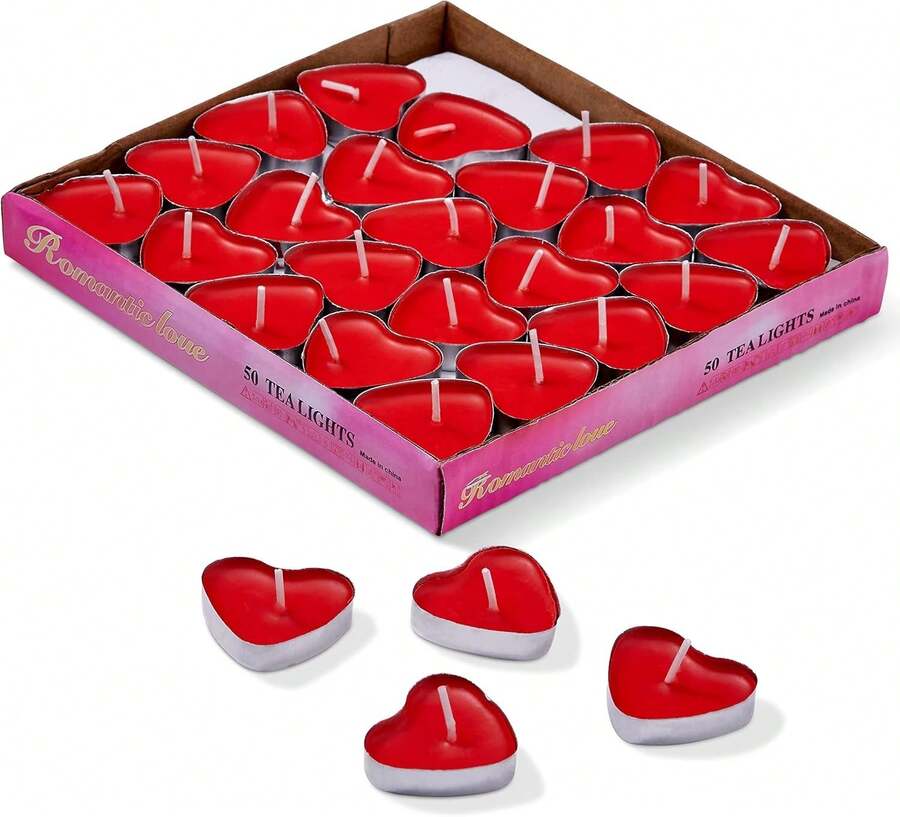 50 velas rojas en forma de corazón, cera para té en forma de corazón, decoración en forma de corazón - 4 cm - Rojo - Ver 1