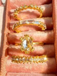 4 件套时尚精致奢华高端百搭休闲优雅水钻镶嵌金色合金戒指，适合作为送给女朋友的礼物、结婚/订婚戒指 - 彩色 - 查看 8
