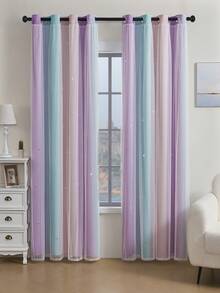 1 rèm che nắng hình ngôi sao rỗng, rèm cách nhiệt hai lớp cho phòng ngủ, rèm ren công chúa lãng mạn chống tia UV - xanh tím hồng - Xem 6