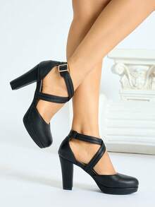 女士高跟鞋，纯色，通勤舒适，百搭，双层交叉绑带，荔枝纹理，包头，圆头，防水台，厚底，搭扣，粗跟，适合派对/宴会，设计精致，商务/办公场合，优雅 - 黑色 - 查看 3