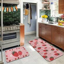 1 Piece Pink Strawberry Kitchen Mat - Fashionable Flannel Material With Vivid Fruit Print, Perfect For Spring And Summer Home Decoration, Kitchen, Bathroom, Entryway, And Living Space, Kitchen Mat (Multiple Sizes/Packages Available) - White - View 3