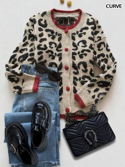 秋冬时尚休闲舒适保暖驼色豹纹撞色长袖圆领纽扣针织大码开衫，女装秋装，女装冬装，秋季上衣，工作/办公室，商务休闲女装