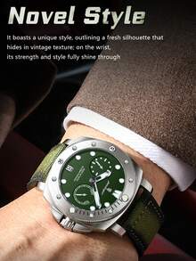 POEDAGAR 男士时尚休闲旋转表圈日期石英腕表，尼龙皮表带，小秒针表盘设计，防水夜光，高端男士日常佩戴腕表，男士理想礼物 - 綠色 - 查看 4