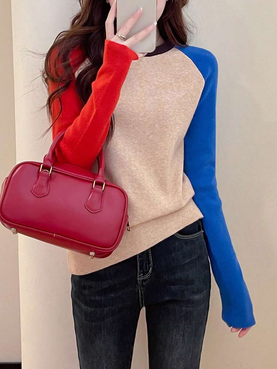 Suéter de mujer con diseño de bloques de color en cuello redondo y mangas raglán, para otoño/invierno - Multicolor - Ver 1