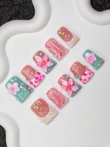 Bộ 10 móng giả thủ công chủ đề đại dương hình miệng vịt, phong cách Y2K cá tính, màu nude, xanh lá cây, hồng, be với đầu móng kiểu Pháp nhuộm tie-dye, hoa khắc, sao biển, vỏ sò, ngôi sao, ngọc trai giả, giọt nước, phụ kiện kim loại, thích hợp cho tiệc tùng, khiêu vũ, sử dụng hàng ngày, bao gồm bộ dụng cụ, món quà tuyệt vời cho móng tay của phụ nữ và bé gái, dụng cụ làm móng thủ công. - Nhiều màu - Xem 1