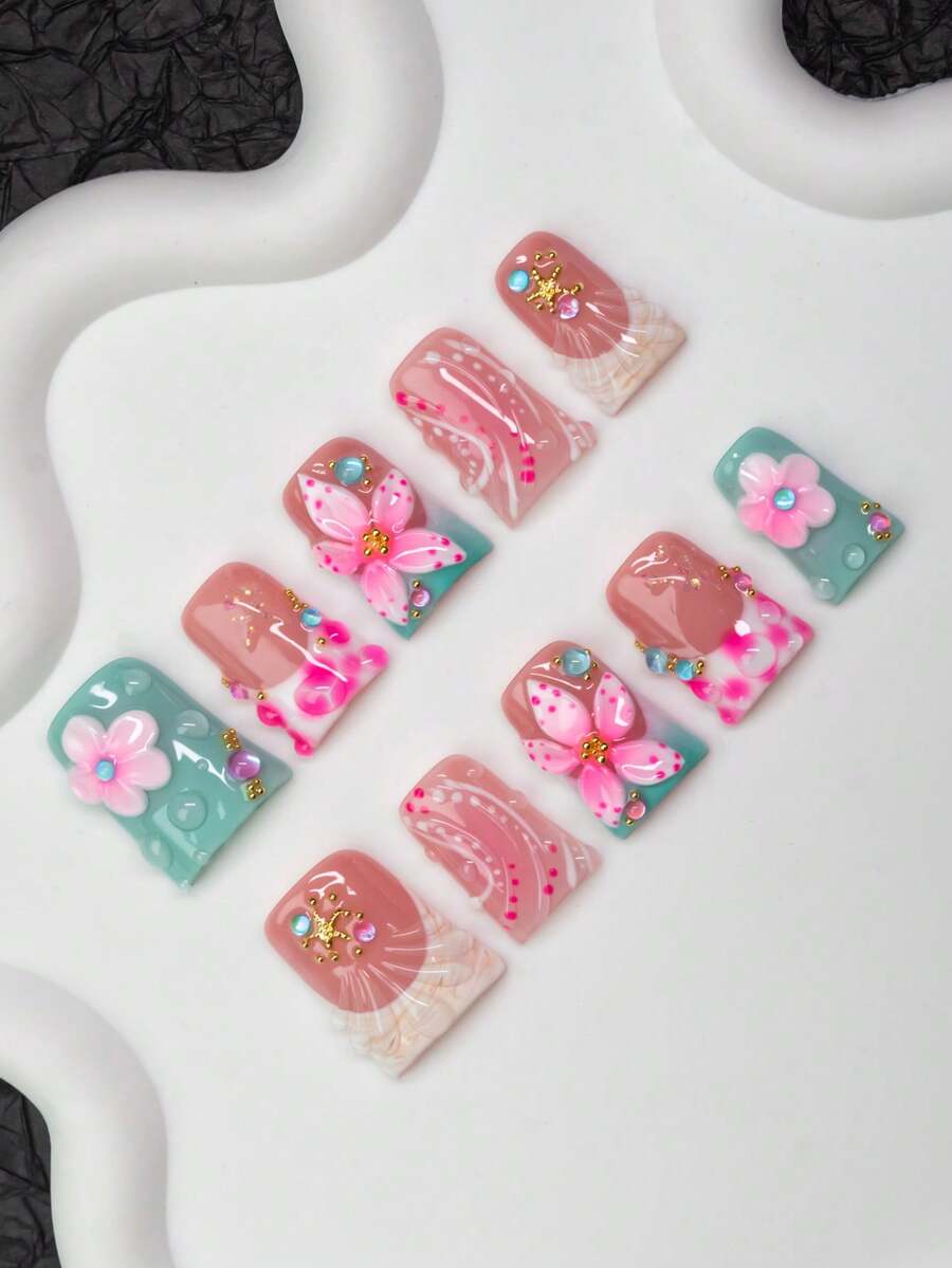 Bộ 10 móng giả thủ công chủ đề đại dương hình miệng vịt, phong cách Y2K cá tính, màu nude, xanh lá cây, hồng, be với đầu móng kiểu Pháp nhuộm tie-dye, hoa khắc, sao biển, vỏ sò, ngôi sao, ngọc trai giả, giọt nước, phụ kiện kim loại, thích hợp cho tiệc tùng, khiêu vũ, sử dụng hàng ngày, bao gồm bộ dụng cụ, món quà tuyệt vời cho móng tay của phụ nữ và bé gái, dụng cụ làm móng thủ công. - Nhiều màu - Xem 1