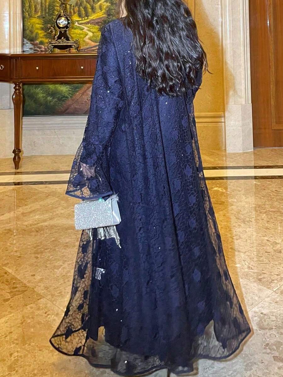 Women's Brown Lace & Satin Two Pieces Muslim Abaya Long Dress With Embellished Details - Blue - View 1