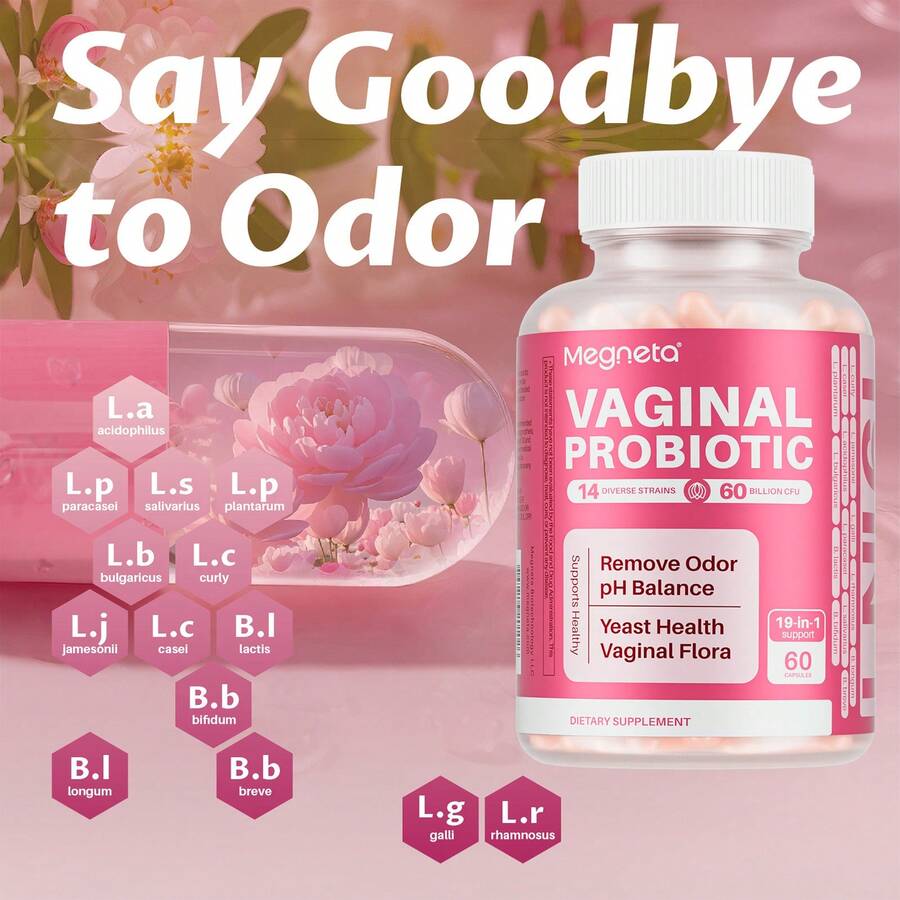 MEGNETA Remove Vaginal Odor Capsules, 19 In 1 Probiotics For Women, Vaginal Care, Remove Odor & PH Balance, Yeast Health & Flora, 30 Servings - 60 Capsules - Một chai - Giai đoạn dùng thử - Xem 1