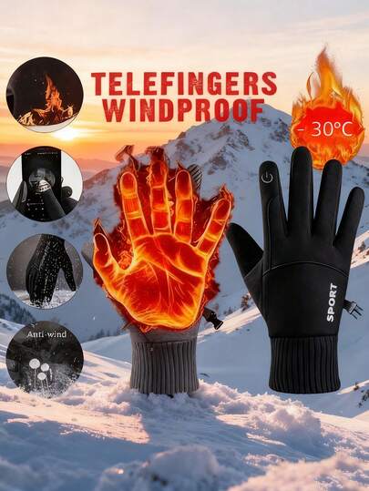 1 Pair Women's Warm Full Finger Gloves, Warm Lining, Anti-Slip, Waterproof, Letter Decor, Windproof, Suitable For Outdoor Sports, Cycling In Winter