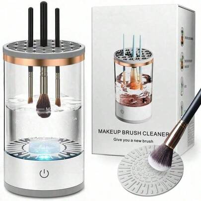 二合一电动化妆刷清洁器，集清洁和烘干功能于一体，防水设计，配有收纳支架，500mAh USB充电式电动化妆刷清洁器，自动旋转深度清洁，搭配高效清洁垫，适用于各种尺寸和款式的化妆刷，包括眼影刷和腮红刷，是懒散人士必备的高效清洁美容工具，也是送给女性的理想圣诞礼物。