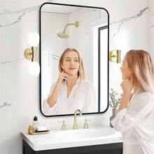 Big Bathroom Mirror Wall 26x38 Rounded Rectangle With Matte Metal Frame Black Large Rectangular Vanity Mirror - 26吋 x 38吋 +黑色 - 查看 6