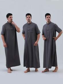 AL HARAMAIN 男士卡塔尔风格长袍，最新热销高端男士阿拉伯长袍，柔软不起球面料，时尚短袖立领四粒扣设计，祈祷长袍，男士优雅阿拉伯长袍 - 柔软长袖祈祷长袍，可机洗，适合所有季节和宗教场合，圆领设计，质地顺滑，男士正装，男士传统阿拉伯长袍，卡塔尔风格设计 - 深灰色 - 查看 4