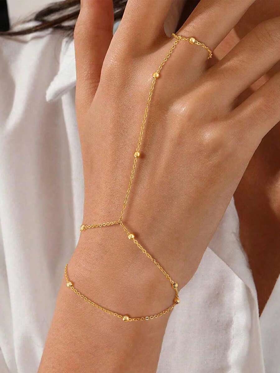 1pc Beaded Chain Knuckle Ring Bracelet, Fashionable Minimalist Multi-Layer Stacking Finger Chain Jewelry Accessory, Suitable For Girls And Women (Random Bead Quantity)