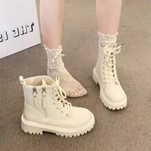 Women's Platform Combat Boots - 2025 Must-Have Lace-Up Ankle Boots With Side Zipper, Stylish Chunky Heel Moto Boots For Casual To Streetwear Outfits - 米色 - 查看 1