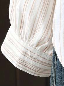 Retro Loose Casual Button Front Vertical Striped Shirt - Beige - View 4
