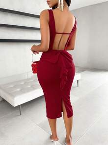 AIJ Solid Color Ruffle Trim Backless Bowknot Elegant Summer Dress For Women - View 2