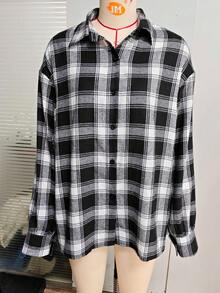 Damen neue vielseitige Alltagsbluse mit schwarz-weißem Karomuster, Langarm, weite Ballonärmel, geeignet für Lässig-Looks und den Arbeitsweg im Herbst/Winter