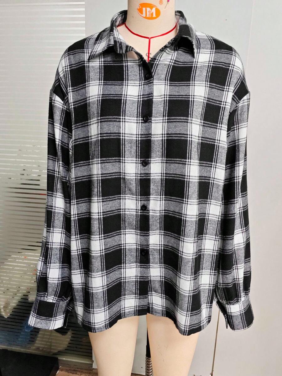 Damen neue vielseitige Alltagsbluse mit schwarz-weißem Karomuster, Langarm, weite Ballonärmel, geeignet für Lässig-Looks und den Arbeitsweg im Herbst/Winter