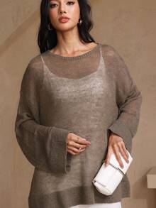 女士宽松圆领针织毛衣，休闲都市风长袖套头衫，户外时尚优雅针织衫 - 卡其色 - 查看 8