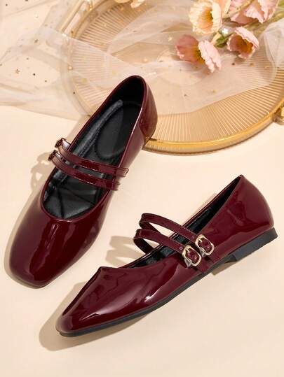 Vintage French Mary Jane Shoes, Burgundy Patent Leather Square Toe, Buckle Strap, Elegant & Versatile, Soft Sole, Fashionable & Comfortable For All-Day Wear, Women's Flat Shoes, New, Simple, Casual Slip-On, Solid Glossy Double Strap Buckle Design, Suitable For Valentine's Day, Mother's Day Gifts, Weddings, Parties, Office Wear (Size Runs Small, Shoes Run Narrow, Suggest Ordering One Size Up)