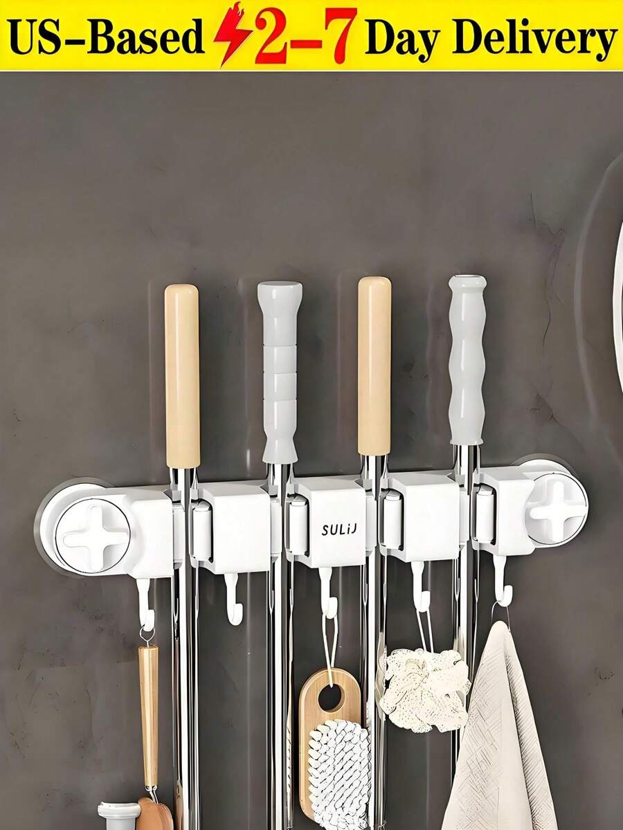 [US-Based Shipping]1 Piece Broom Holder Wall Mount With 4 Slots & 5 ...