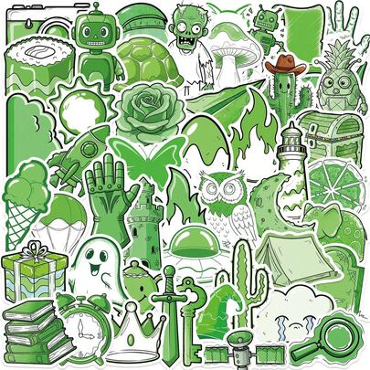 50张/包 绿色复古美学2D标签贴纸，可爱神秘的INS复古哥特Y2K都市贴纸，90年代80年代动漫可爱贴纸包，美学标签，适用于剪贴簿、封口、文具、吉他、乐器、装饰、礼物、派对、奖励、激励、新年、圣诞节